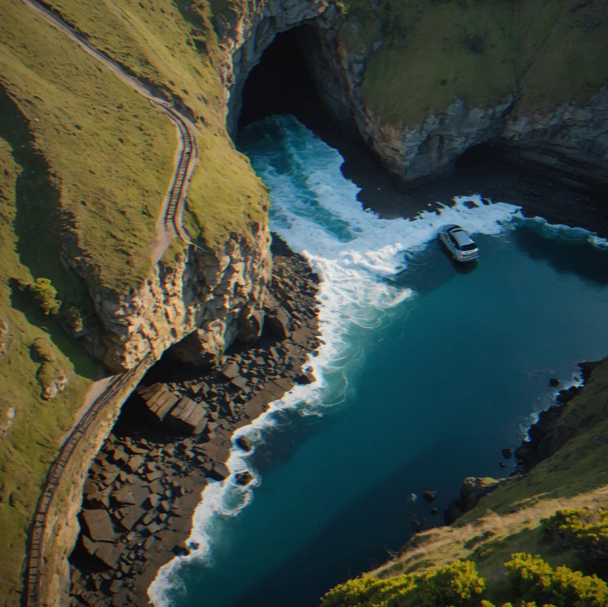 Overhead view of coastal track with tidal water at different levels, showing cave entrance partially submerged