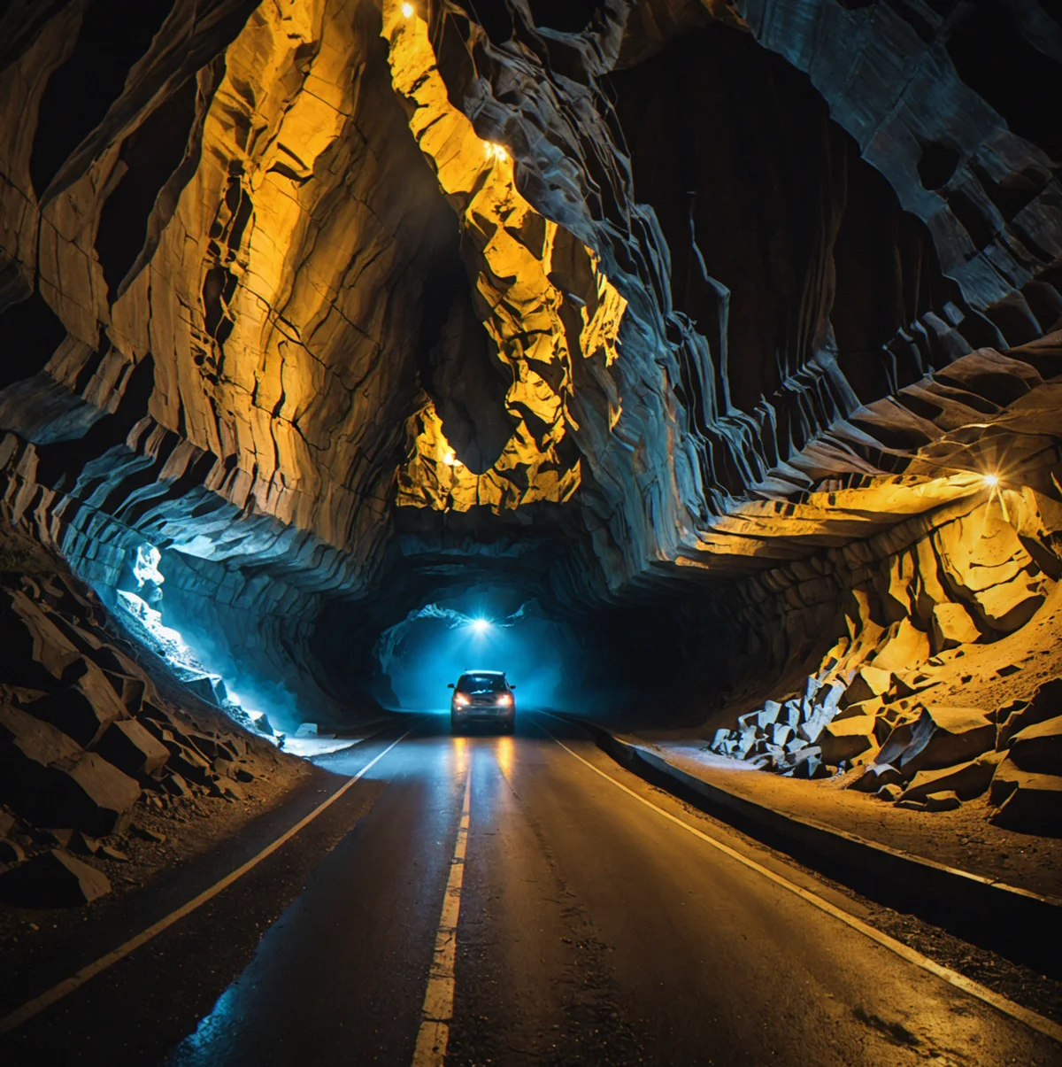 Interior of limestone cave tunnel carved through cliff face, racing line visible on dry asphalt floor, water pooling at far end