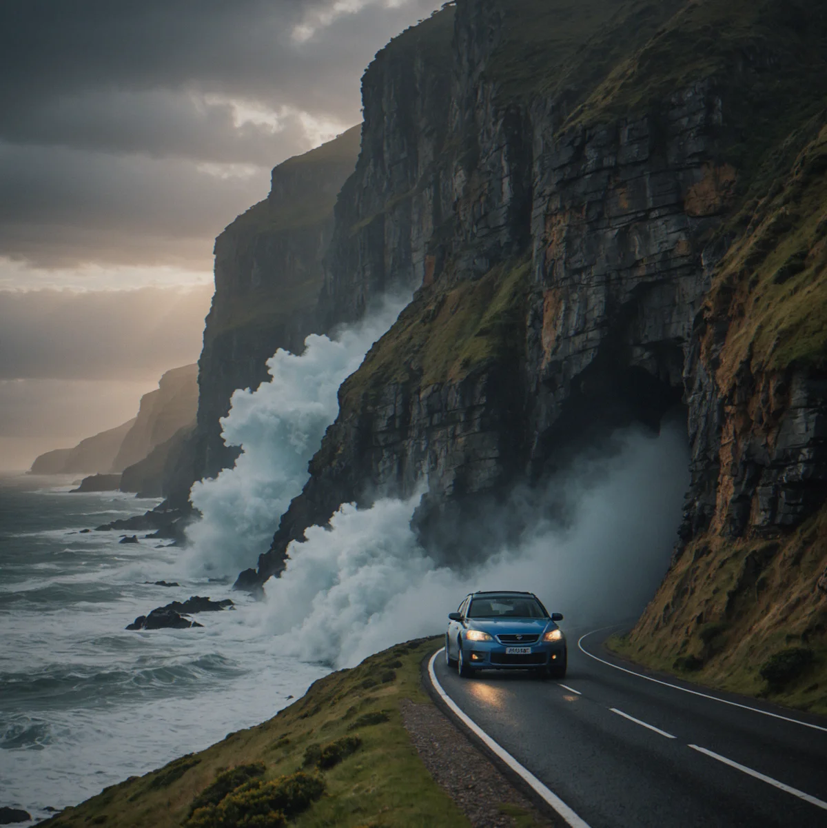 Distant view of coastal circuit during post-storm conditions with heavy mist rolling across track, waves crashing below cliffs