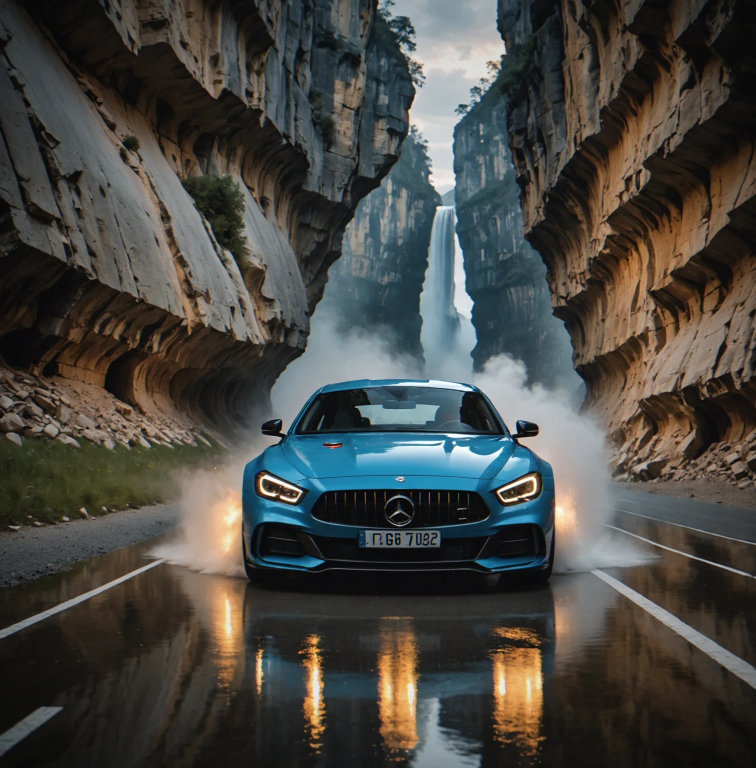 Limestone cliffs drop to a racing circuit at dusk, water pooling at the corner where asphalt meets stone, reflections sharp in the wet pavement