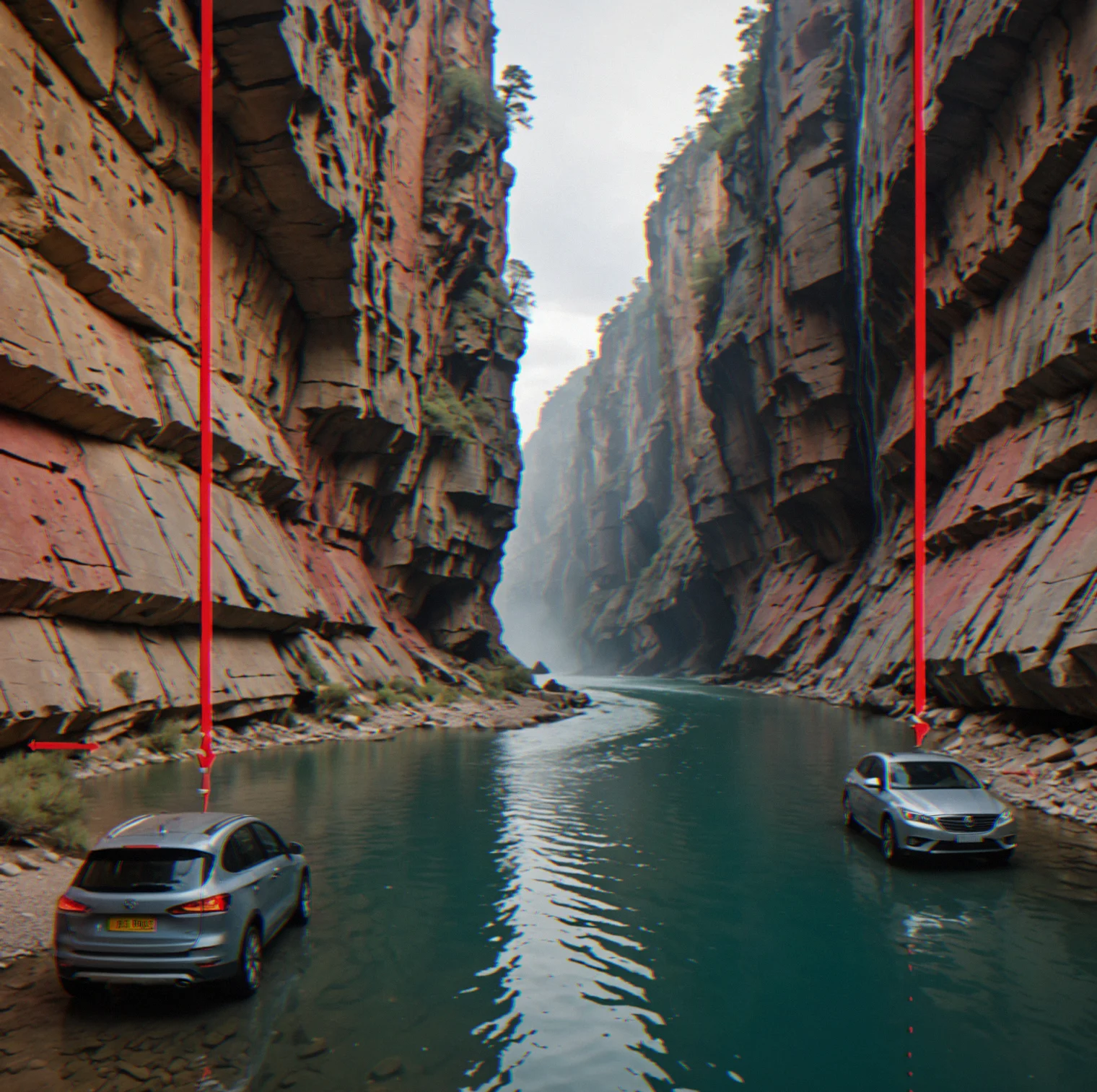 Split-screen telemetry comparison showing grip coefficient overlay for dry vs wet cliff-edge corner, red line at 1.24 dropping to 0.89 under water conditions
