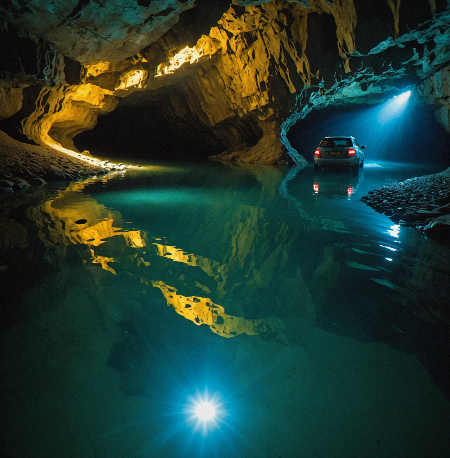 Underwater view inside limestone cave passage with racing line visible on floor and water level marked at mid-tide height on the walls