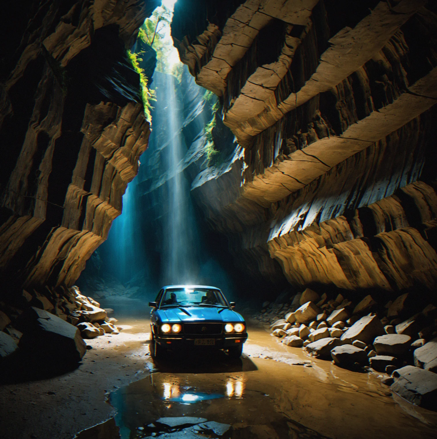 Inside the limestone passage. Natural light filters through the entrance. The floor's wet and reflecting overhead. Your line disappears into the dark.