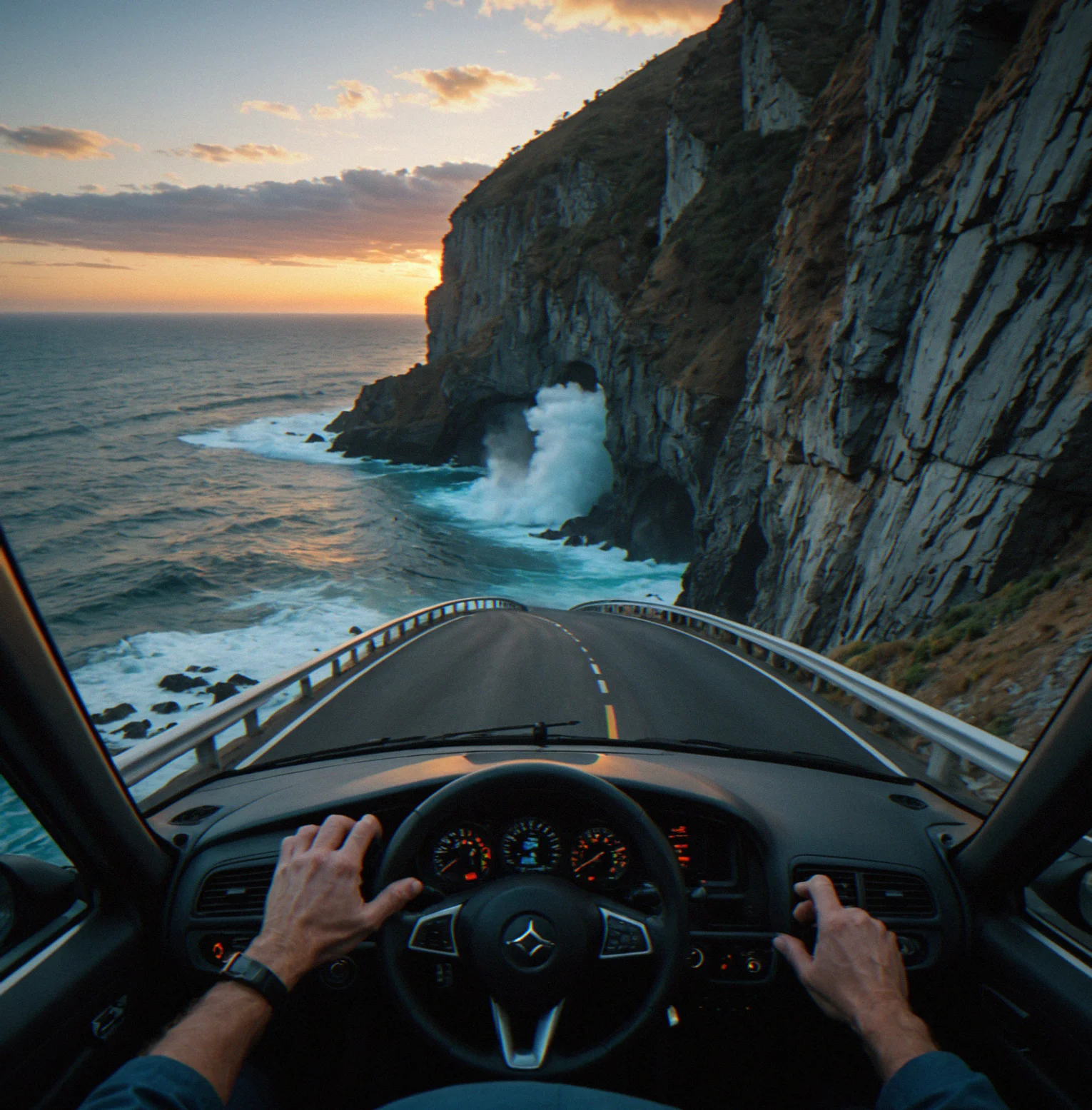Driver's view approaching the bnaked corner at dusk. Ocean's visible beyond the guardrail. You can see the drop to starboard.