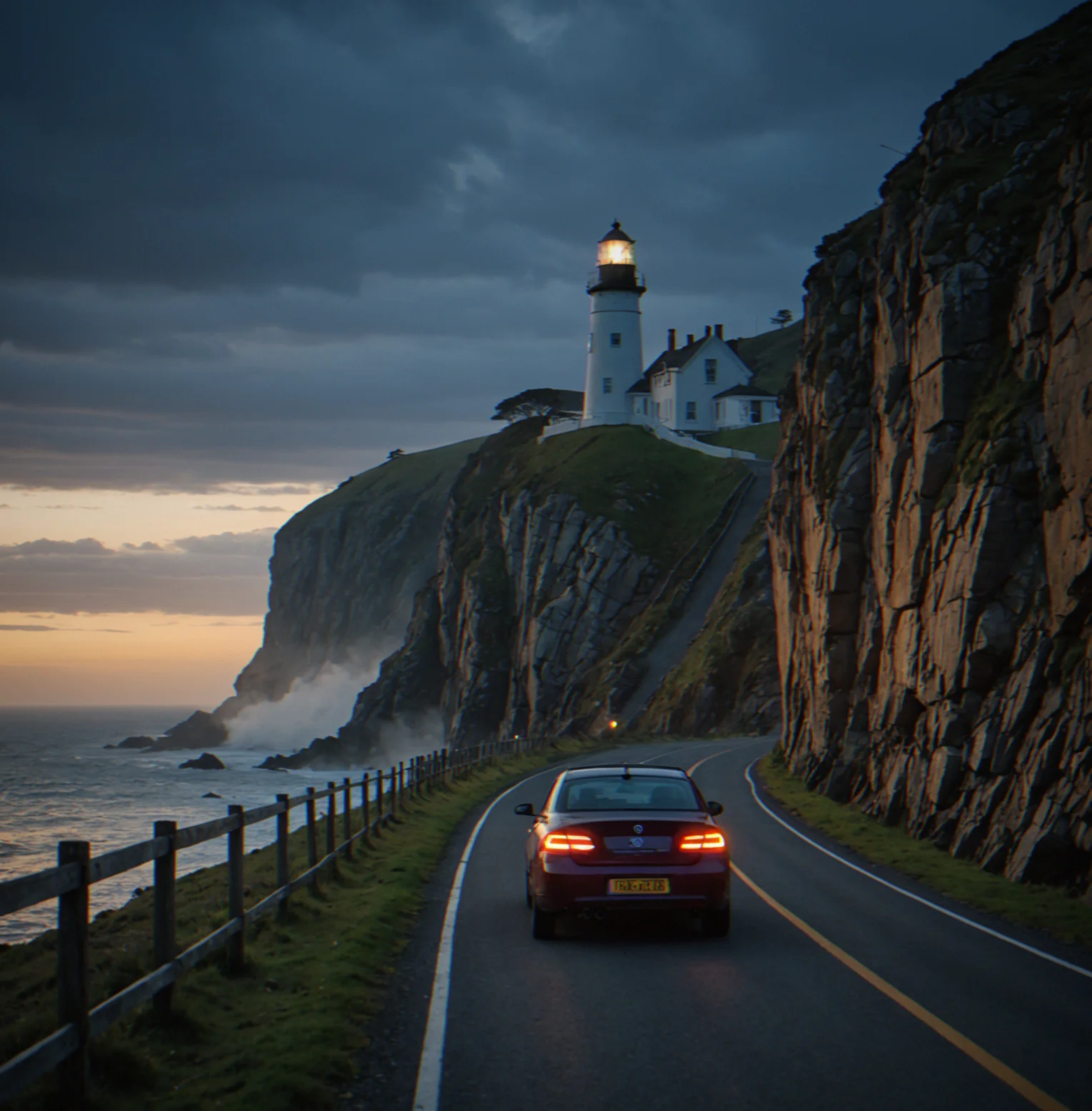 Lighthouse beam sweeping across the track at dusk. Village lights warming the lower sections. Fog rolls over the water.