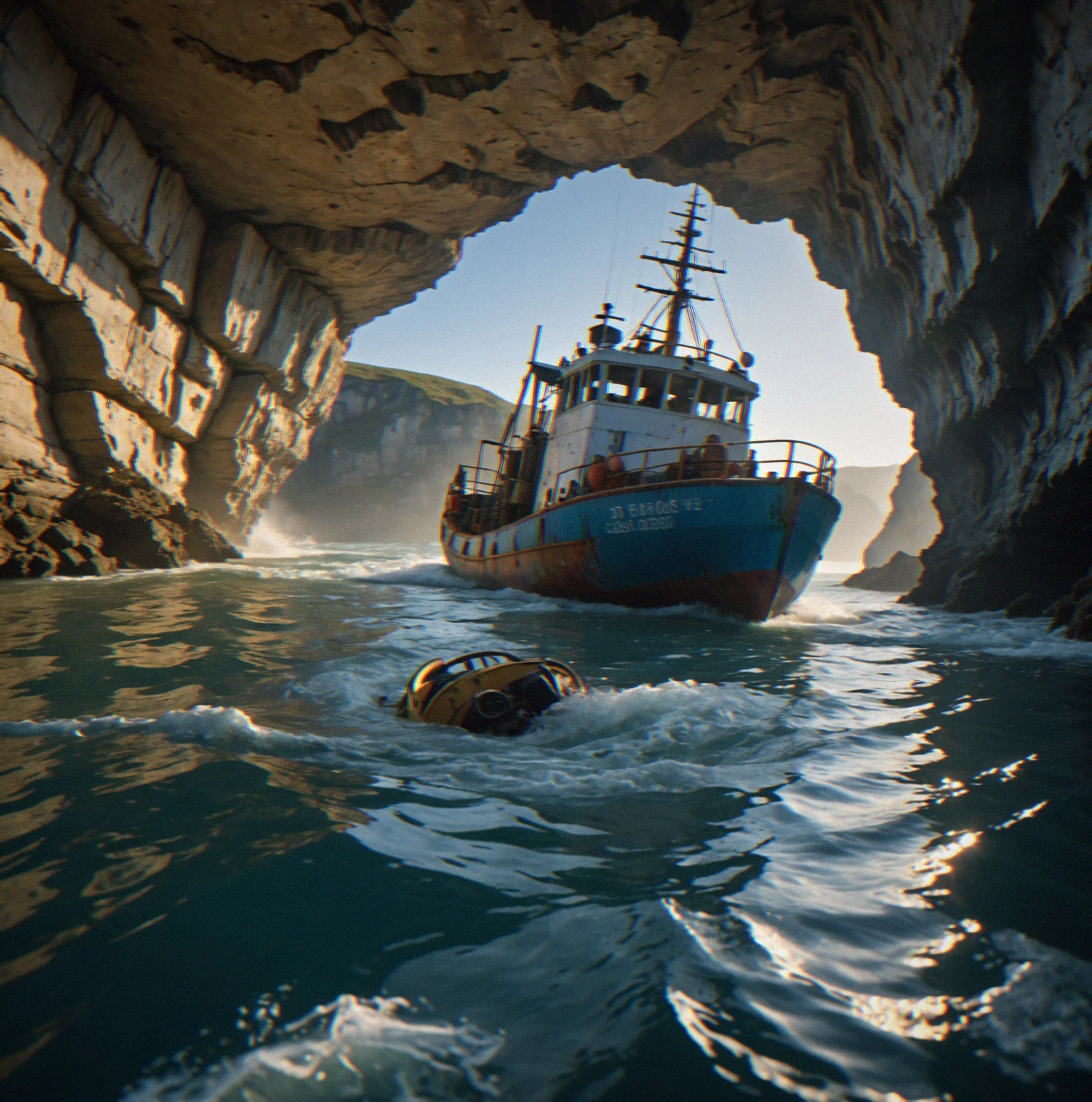 Low-angle driver's view of the wrecked fishing vessel half-submerged in shallow water with racing tarck visible in foreground, limestone cliffs rising Behind